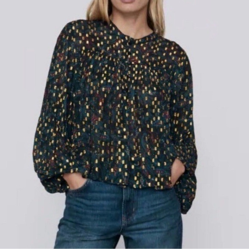 57. ZARA Cropped Oversized Metallic Gold Sheer Paisley Print Button Down Blouse